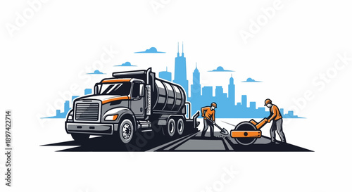 Workers pave road near a tanker truck, with city skyline and clouds in background