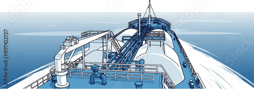 A stylized illustration of a large cargo ship sailing on a calm, blue sea