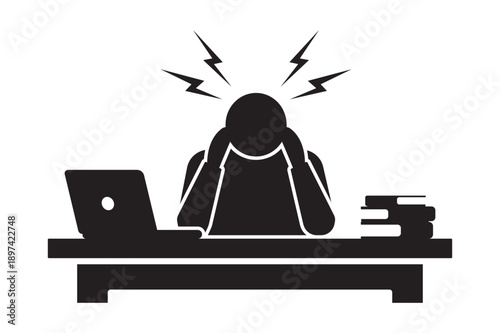 Businessman Silhouette at Desk with Headache Vector Icon