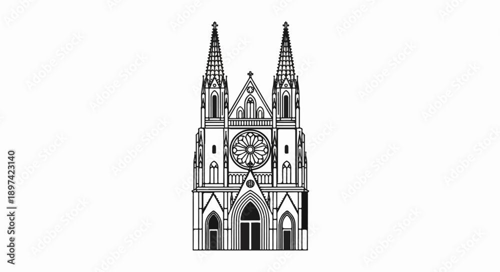 Fototapeta premium Detailed linework sketch of a grand cathedral facade with two spires and a rose window