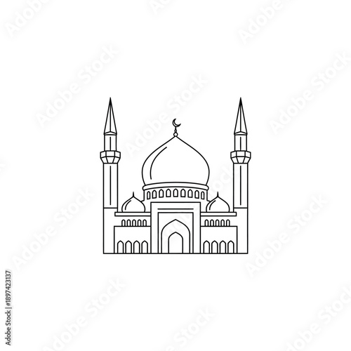 Simple line drawing of a mosque with domes and minarets illustration