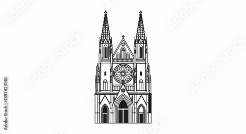 Detailed linework sketch of a grand cathedral facade with two spires and a rose window