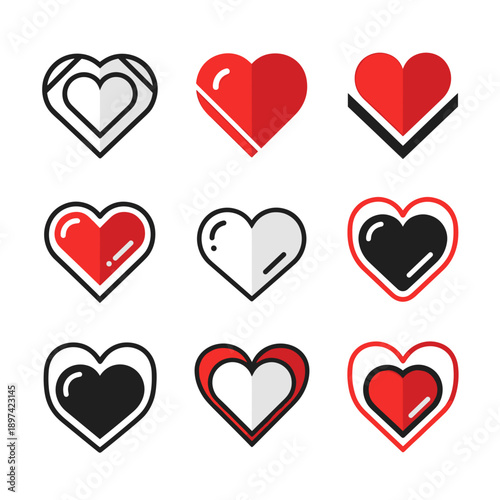 Set of Red Black and White Heart Outline Icons