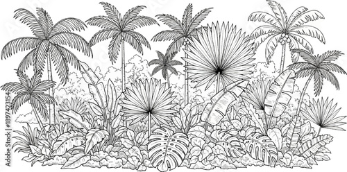 A dense tropical jungle scene with varied palm trees and lush undergrowth in a monochromatic sketch