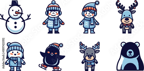 Cute winter characters snowman, children, penguin, reindeer, and bear