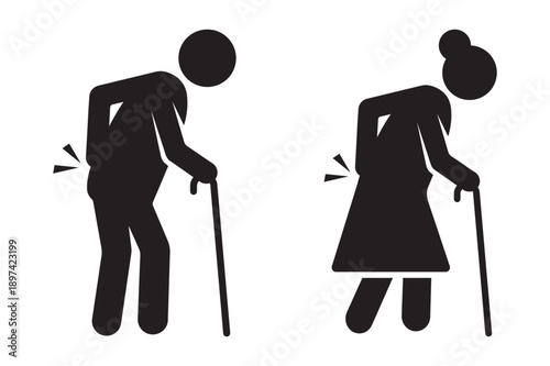 Old Man and Woman with Back Pain Walking Sticks Vector