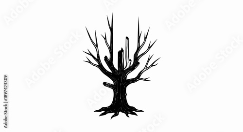 A stark, hand-drawn image of a bare, skeletal tree with broken branches and a split trunk