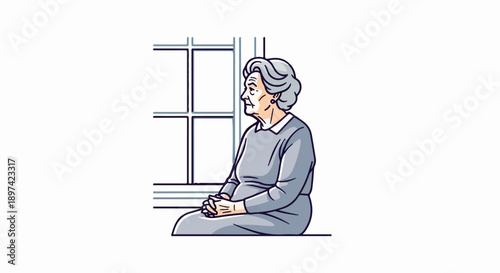 Elderly woman in grey dress gazing thoughtfully out of a window