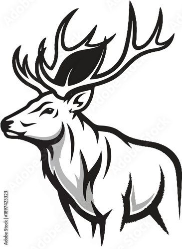 Stylized black and white illustration of a stag with large antlers, profile view