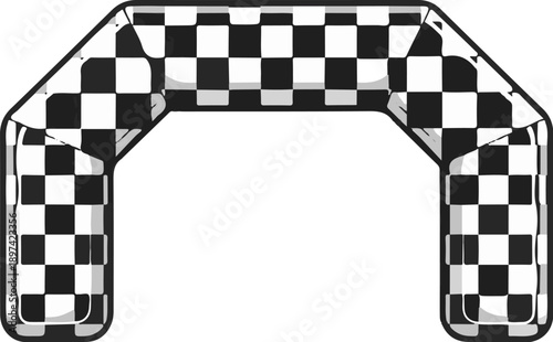 A black and white checkered inflatable archway, typical of a race finish line