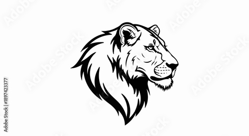 Bold lion head profile, black and white line art, fierce expression, powerful mane