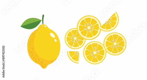 A whole lemon with a leaf and several sliced lemons on a white background