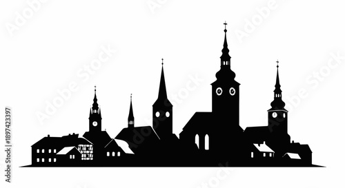 Silhouette of a European town with multiple churches and clock towers, against a white background