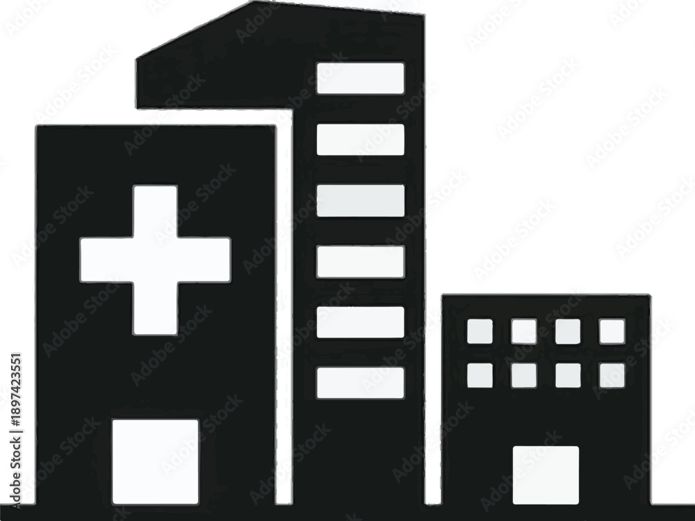 Obraz premium Silhouette of a modern hospital building with a cross symbol healthcare medical