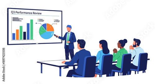 Business meeting presentation in a conference room with colleagues reviewing quarterly performance report on screen