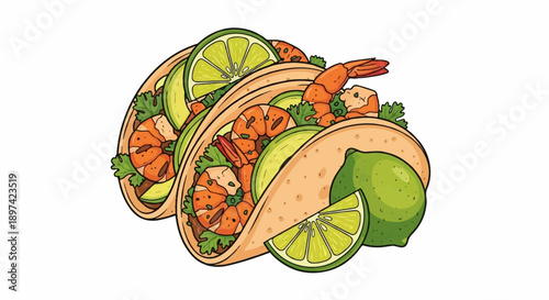 Three savory shrimp tacos, bursting with avocado, cilantro, and lime wedges, are depicted in this vibrant illustration