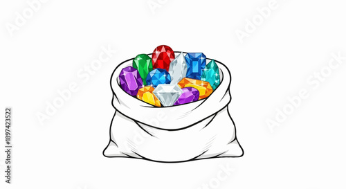 A white sack overflowing with a colorful assortment of sparkling faceted gemstones
