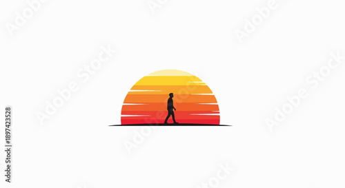 Silhouette of a person walking against a vibrant, striped sunset on a white background