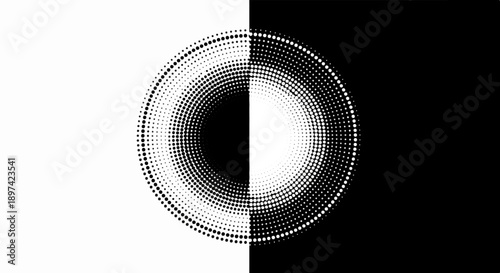 Dual-toned circular pattern created with varying dot sizes on white and black backgrounds