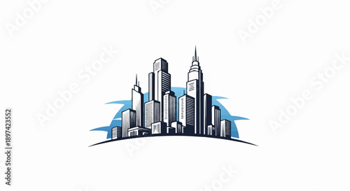 Stylized sketch of a bustling cityscape with towering buildings against a blue sky