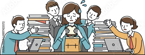 Overwhelmed office workers drowning in stacks of paperwork, one person attempts to eat a sandwich amidst the chaos
