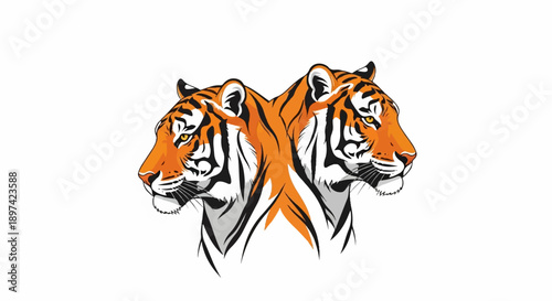 Two striking tiger heads facing opposite directions, rendered in bold orange, black, and white