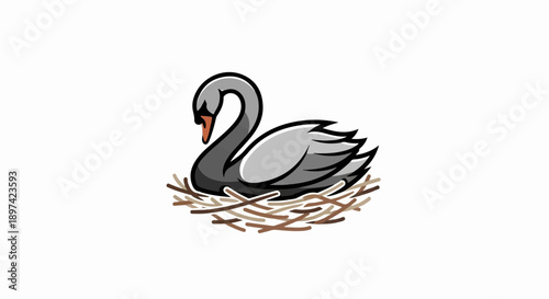 A stylized gray swan sits gracefully within its nest made of twigs