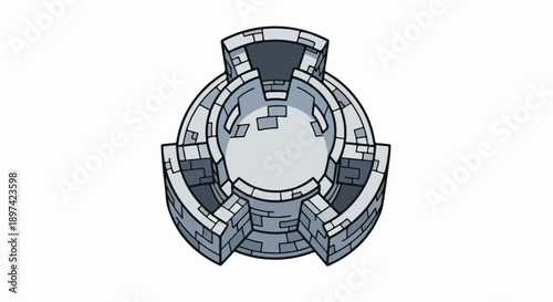 Isometric view of a stone circular structure with three turrets and an open center