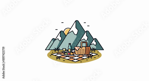 Scenic mountain backdrop for a delightful picnic spread with food, drink, and basket