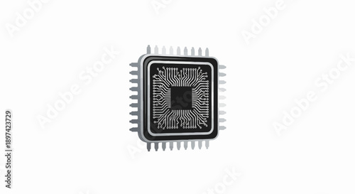 A detailed, stylized illustration of a central processing unit, a black square chip with intricate white circuitry, on a white background