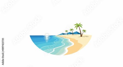 A picturesque tropical beach scene with gentle waves, palm trees, and distant mountains