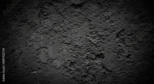 Dark, rough, textured surface with cracks and uneven patterns, creating a sense of age