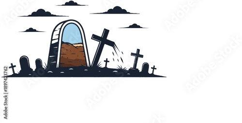 A graveyard scene with a cracked tombstone and falling dirt, against a cloudy sky