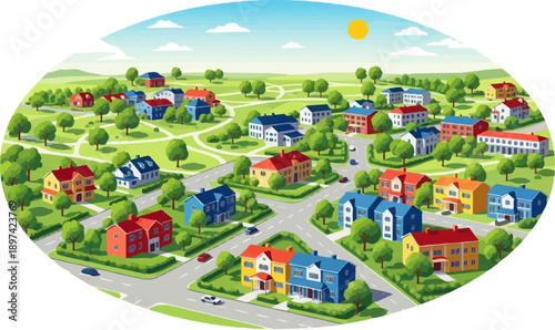 A sunny day over a picturesque suburban neighborhood with colorful houses and green trees