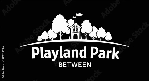 A park entrance sign featuring a whimsical house and trees above the words "Playland Park BETWEEN