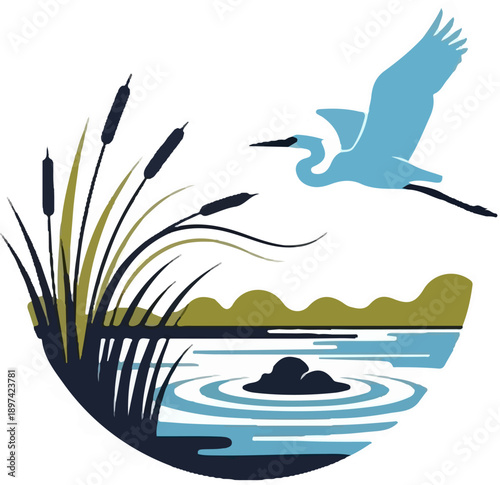 A stylized scene of a marsh with cattails, a flying bird, and a serene body of water
