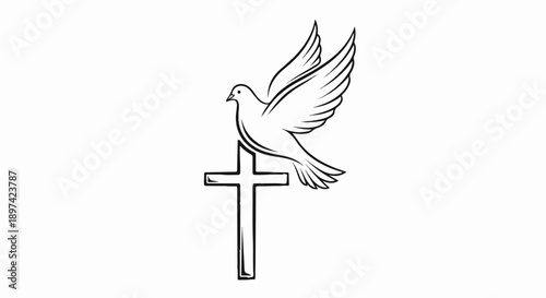 A dove in flight descends upon a cross, a symbol of peace and faith