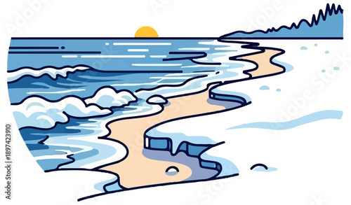 Stylized icy shoreline with gentle waves under a setting sun