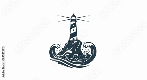 A dark lighthouse stands tall on a rocky island, waves crashing around its base