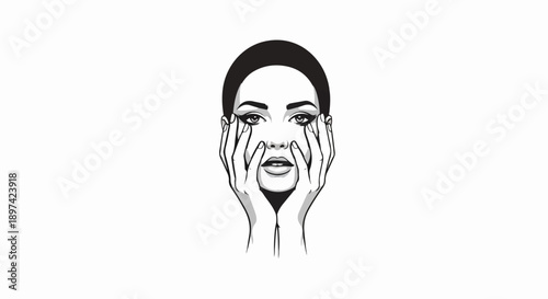 A striking black and white illustration of a woman's face with her hands cupping her cheeks, eyes wide