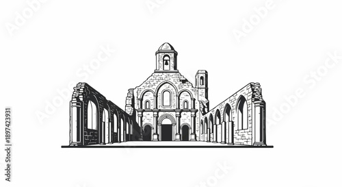 Stone building ruins with arched windows and a central bell tower under a clear sky