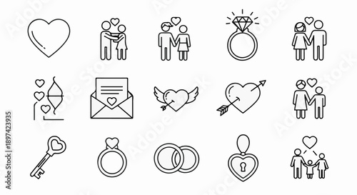 A collection of line art icons representing love, relationships, and commitment, including hearts and couples