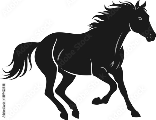 A stylized black horse gallops forward, its mane and tail flowing dynamically