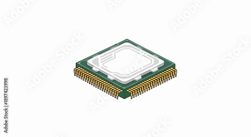 A green computer processor with many gold pins protrudes from its base