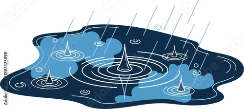 A stylized illustration depicts rain falling and creating ripples in a puddle with varied blue shades