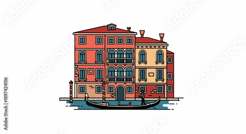 A flat illustration of a Venetian canal with gondolas and colorful buildings