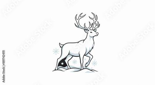 Majestic stag with large antlers walks through a snowy landscape