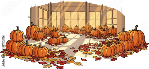 Autumn harvest of pumpkins scattered across a floor near large windows, with fallen leaves covering the ground