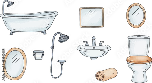 Collection of bathroom essentials including a bathtub, sink, toilet, mirrors, and shower