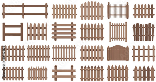 Wooden fences and gates in various styles, suitable for ranches, gardens, and property design, vector artwork.